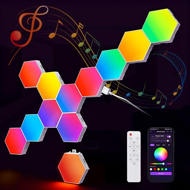 Hexagon LED Lights Wall,RGB Lights with APP/Remote & Music Sync,DIY Modu...