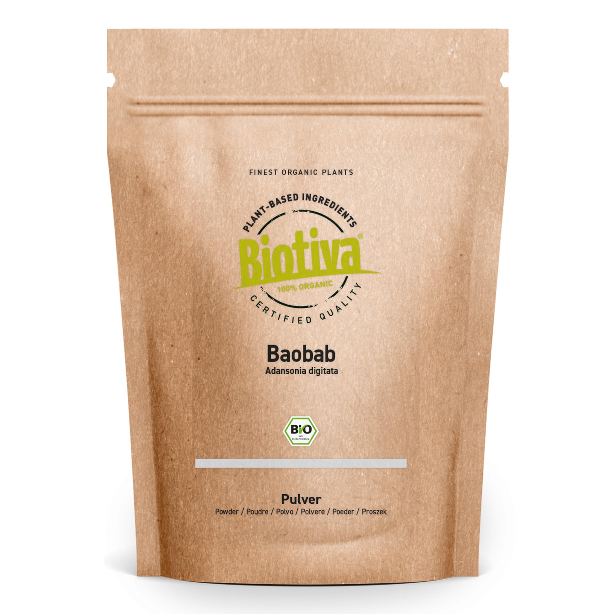 Biotiva Polvo de baobab orgánico 500 g - árbol botella o pan de primate - Adansonia grandidieri - llenado y verificado en Alemania (DE-ÖKO-005)