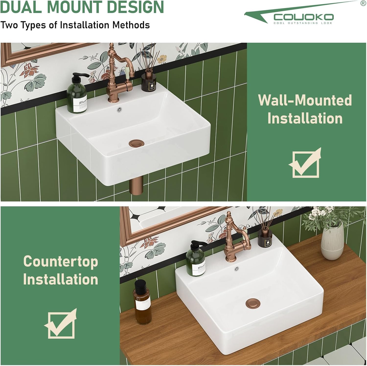 18x16 Inch Wall Mount Rectangle Bathroom Sink White Ceramic Small Vessel Sink Modern Vanity Classic Lavatory Basin Sinks