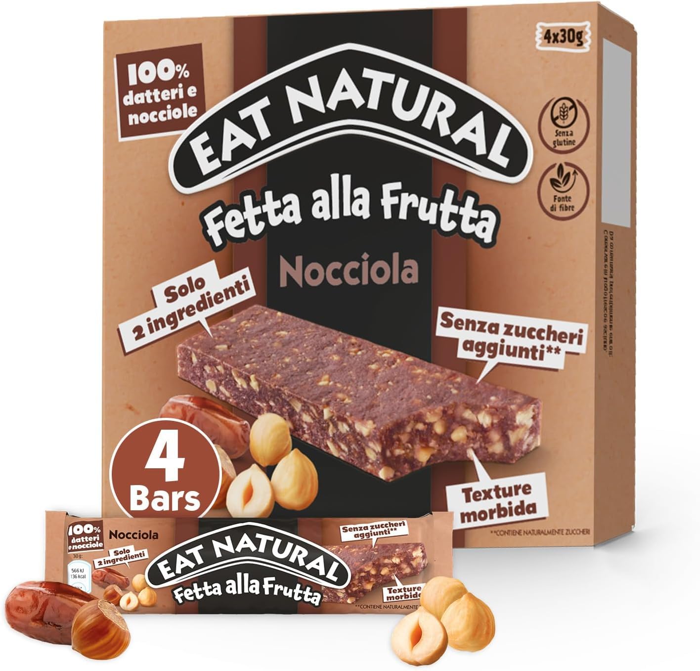 4X Eat Natural Fetta alla Frutta Nocciola Barretta con Datteri e Nocciole Senza Glutine (Gluten Free) 120g