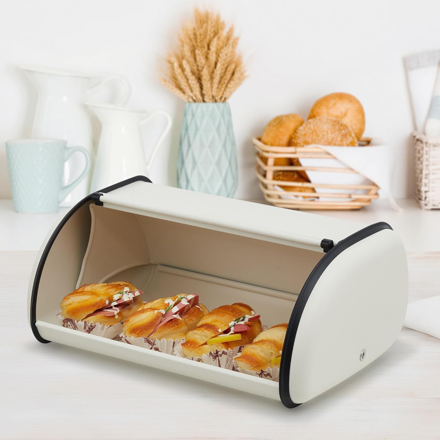 GarveeHome Stainless Steel Bread Box for Kitchen Countertop, Roll Top Beige Bread Storage Container for Homemade Bread, Large Bread Holder for Kitchen Counter, Pantry Shelf, Family