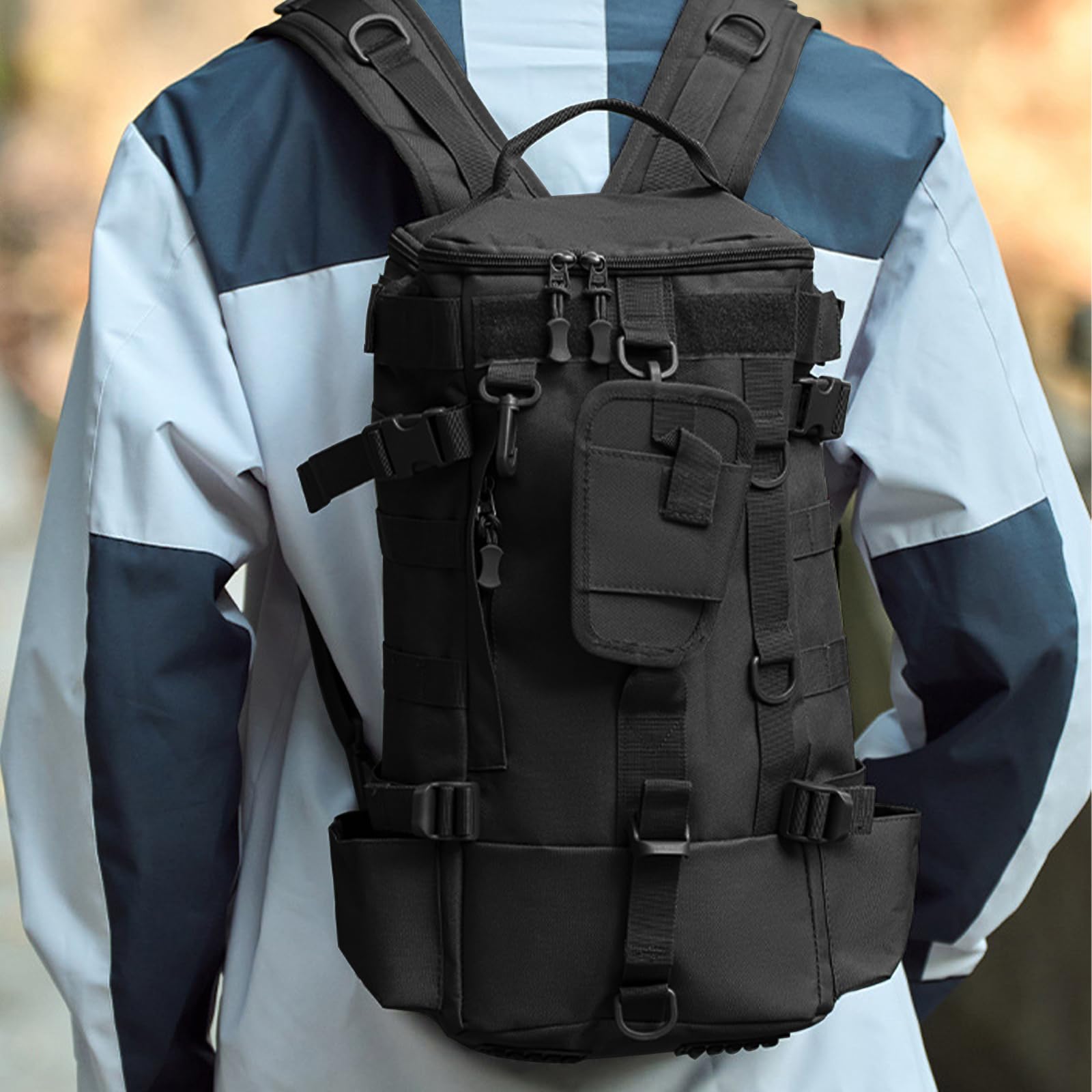 Mochilas de pesca con soporte para cañas: 45 x 16 x 23 cm, mochilas al aire libre impermeables, color negro, multifunción, mochila militar para camping