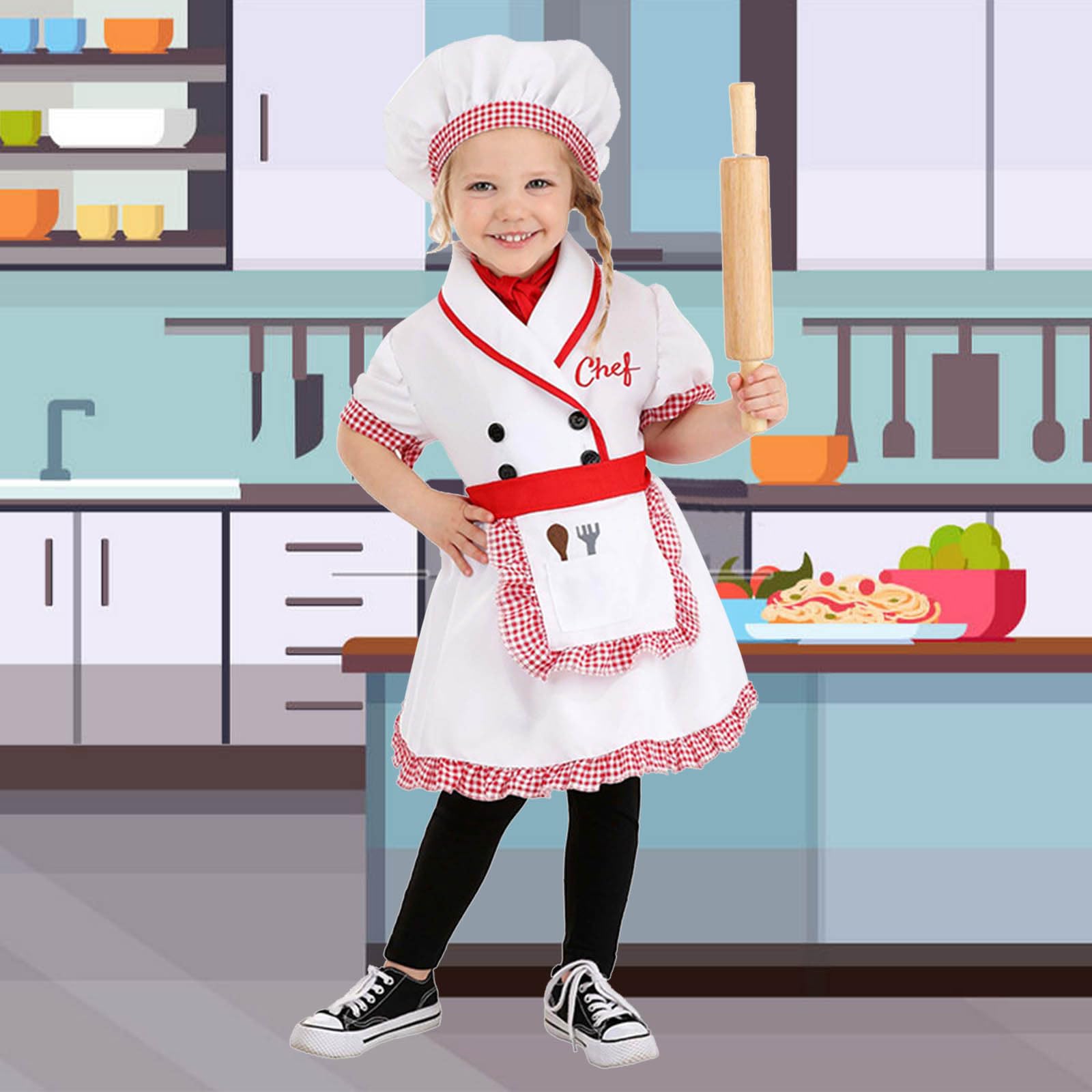 2026-Einschulung Kleidung Halloween-Kochkostüm-Set für ideal für Schulveranstaltungen Rollenspiele Backaktivitäten inklusive Kleid Mütze Schürze sowie rotem Schal perfekt für Partys Feste Feiern im