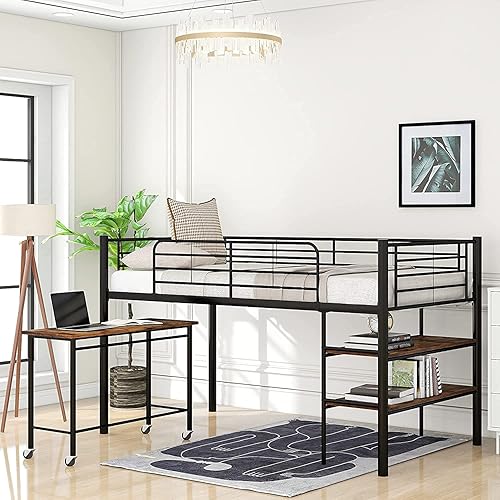 Miniatura 3 de STP-Y Cama de loft de metal, marco de cama individual con riel de protección y escalera, cama individual con escritorio enrollable y estantes de 2