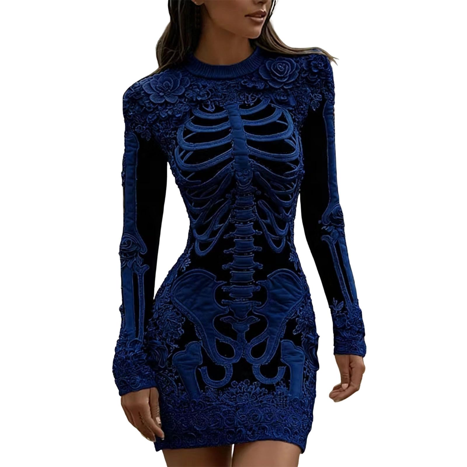 Women Halloween Costume Vintage Long Sleeve Crew Neck Gothic Mini Dress — image 1