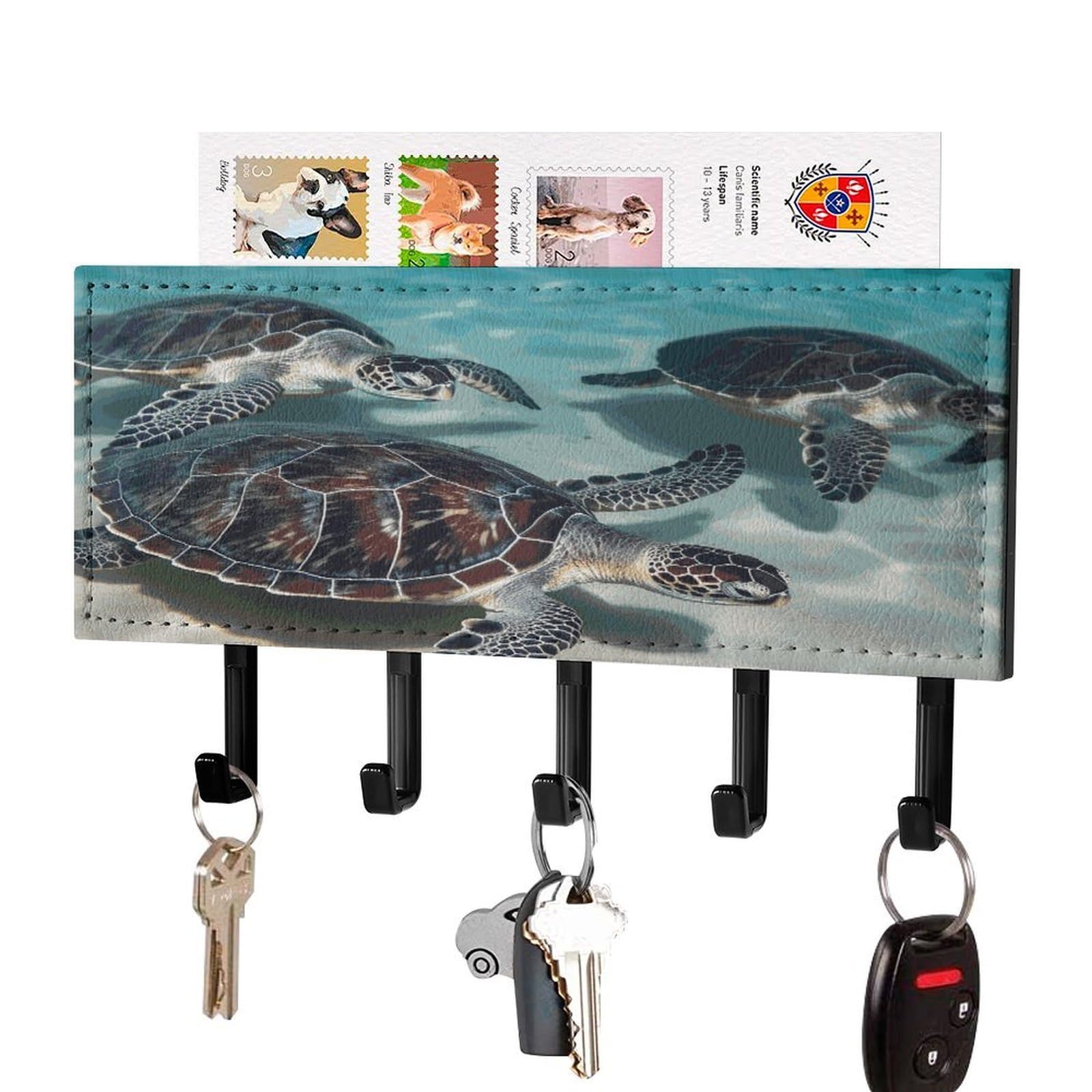 Fekiloot Black-Style Sea Turtles Key Holder Wall Mount Key And Mail Holder Key Hanger With 5 Hooks Decorative Pu Key Rack Hanging Key Hooks For Wall Living Room Kitchen Bathroom Hallway