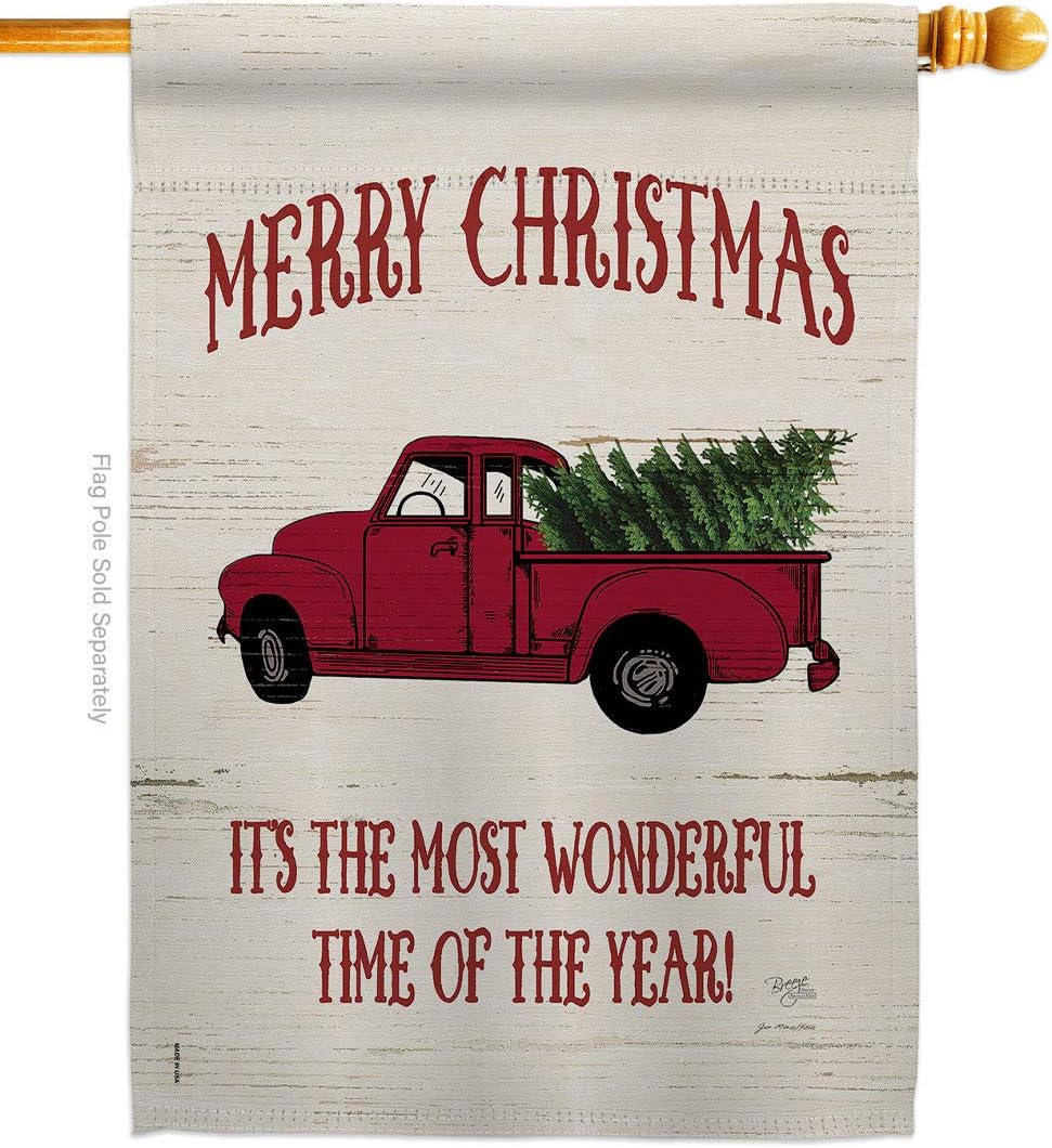 Merry Christmas Vintage Truck House Flag Dowel Set Wintertime Santa Marry Xmas Present Reindeer Season Snow Small Decorative Gift Yard Banner Made In USA 28 X 40