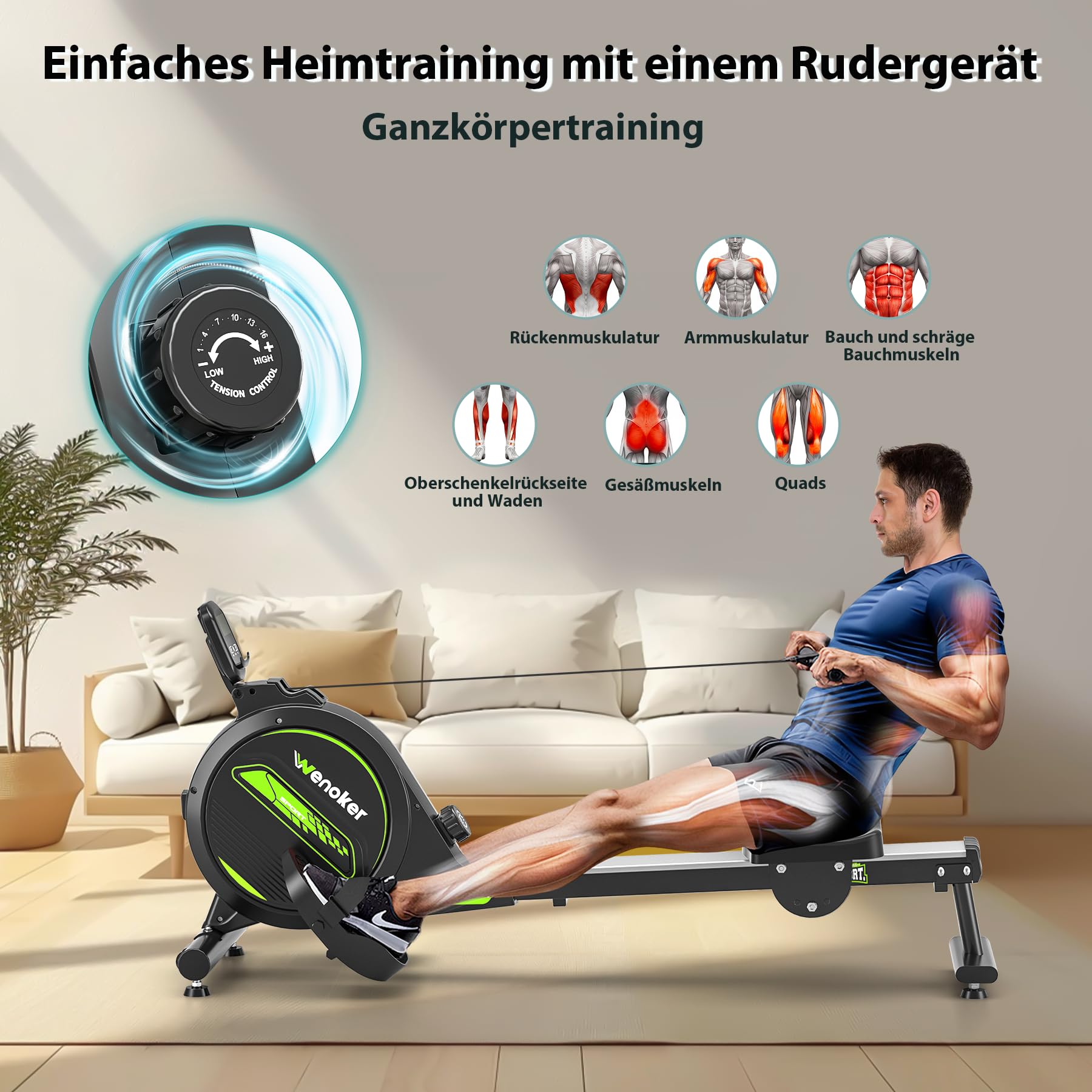 Wenoker - Vogatore magnetico pieghevole per la casa, capacità di peso di 160 kg, silenziatore e liscio con supporto per tablet per display LCD e comodo cuscino per sedile