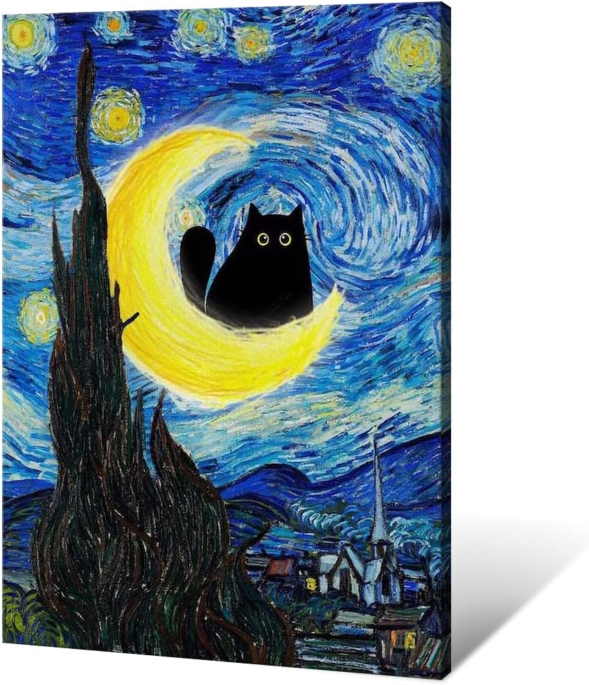 The Starry Night Cat Canvas Wall Art Famous Oil Paintings Black Cat Poster Funny Cat Floral Print Colorful Abstract Farmhouse Gallery Aesthetic Room Wall Decor for Bedroom 24x36in Framed