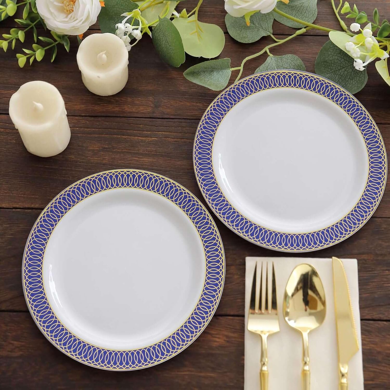 Efavormart 10 Pack 7" White Plastic Dessert Plates with Navy Blue Gold Spiral Rim, Elegant Round Disposable Salad Plates for Reception