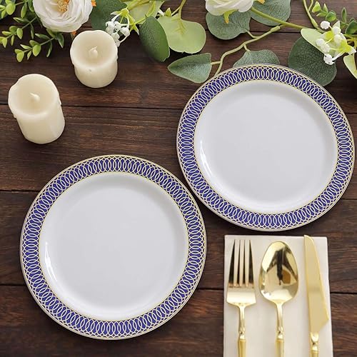 Miniatura 3 de Efavormart - Paquete de 10 platos de postre de plástico blanco con borde en espiral azul marino dorado, platos redondos desechables de 7 pulgadas