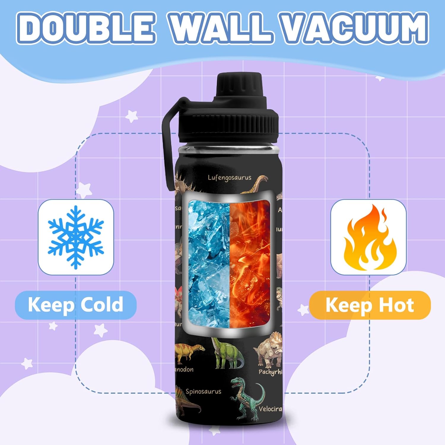 Dinosaur Gifts for Boys, 18 oz Stainless Steel Water Bottles with 2 Lids, Insulated Water Bottle with Straw, Dinosaur Cups for Travel Sports Outdoor, Birthday Christmas Gifts for Boys Dino Lovers - Image 5