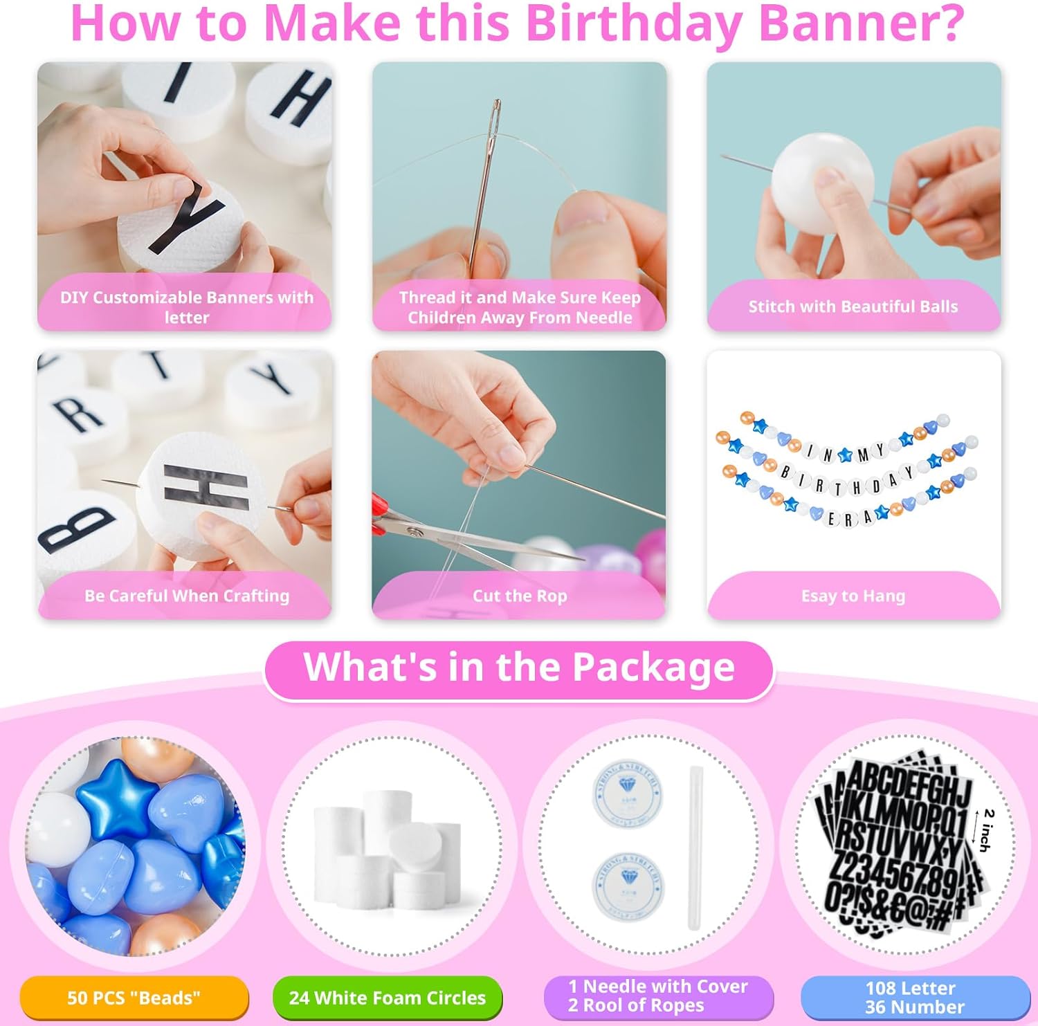 Giant Friendship Bracelet Banner DIY Customizable Birthday Garland with Foam Circles & Plastic Balls for Singer Celebration (Gold Blue)
