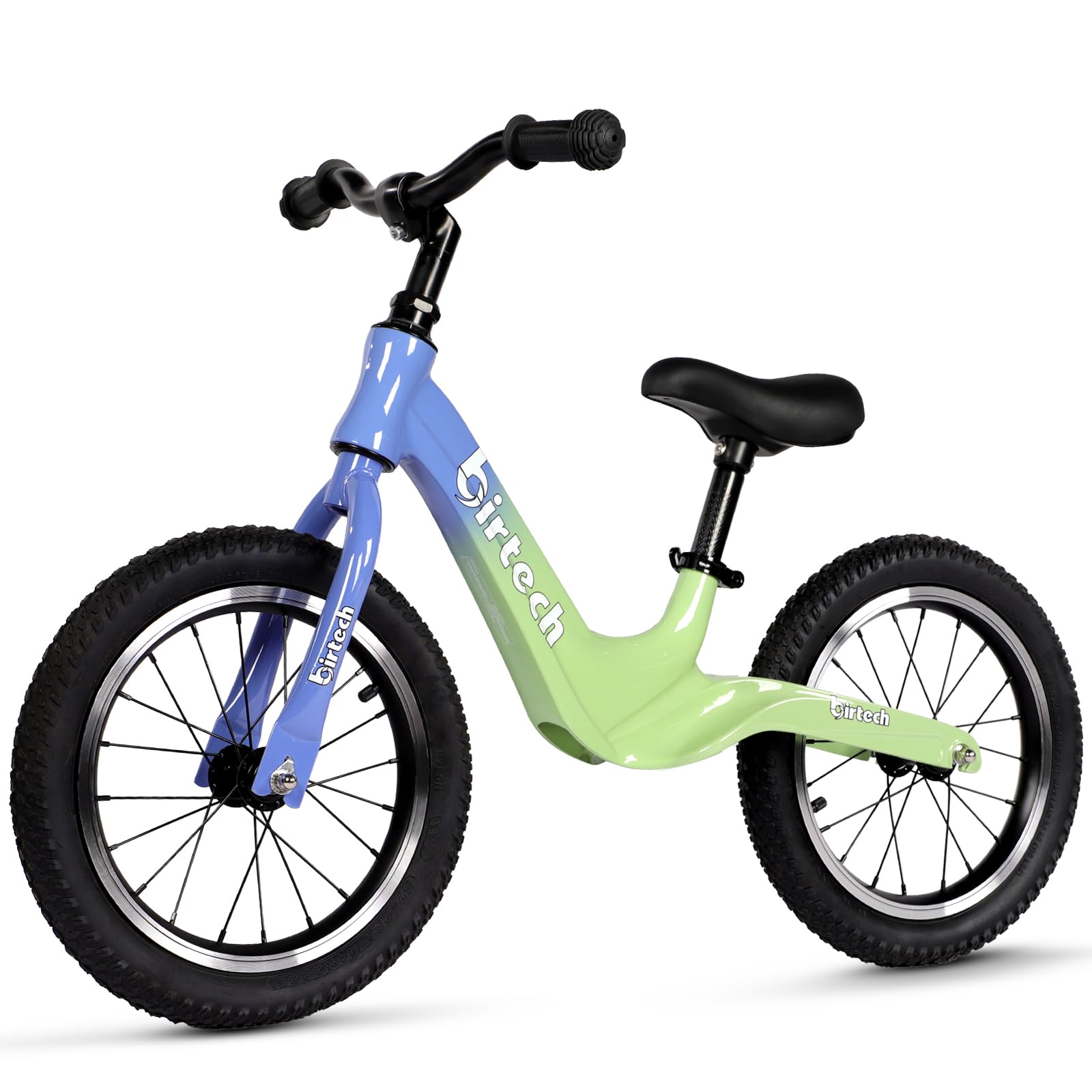 14" Balance Bike for Boys and Girls, Air Tires with Magnesium Alloy Frame, Lightweight No Pedal Kids' Bike for 3-6 Years Old, Training Bike with Adjustable Handlebar and Seat (Green&Blue, Air Tire)