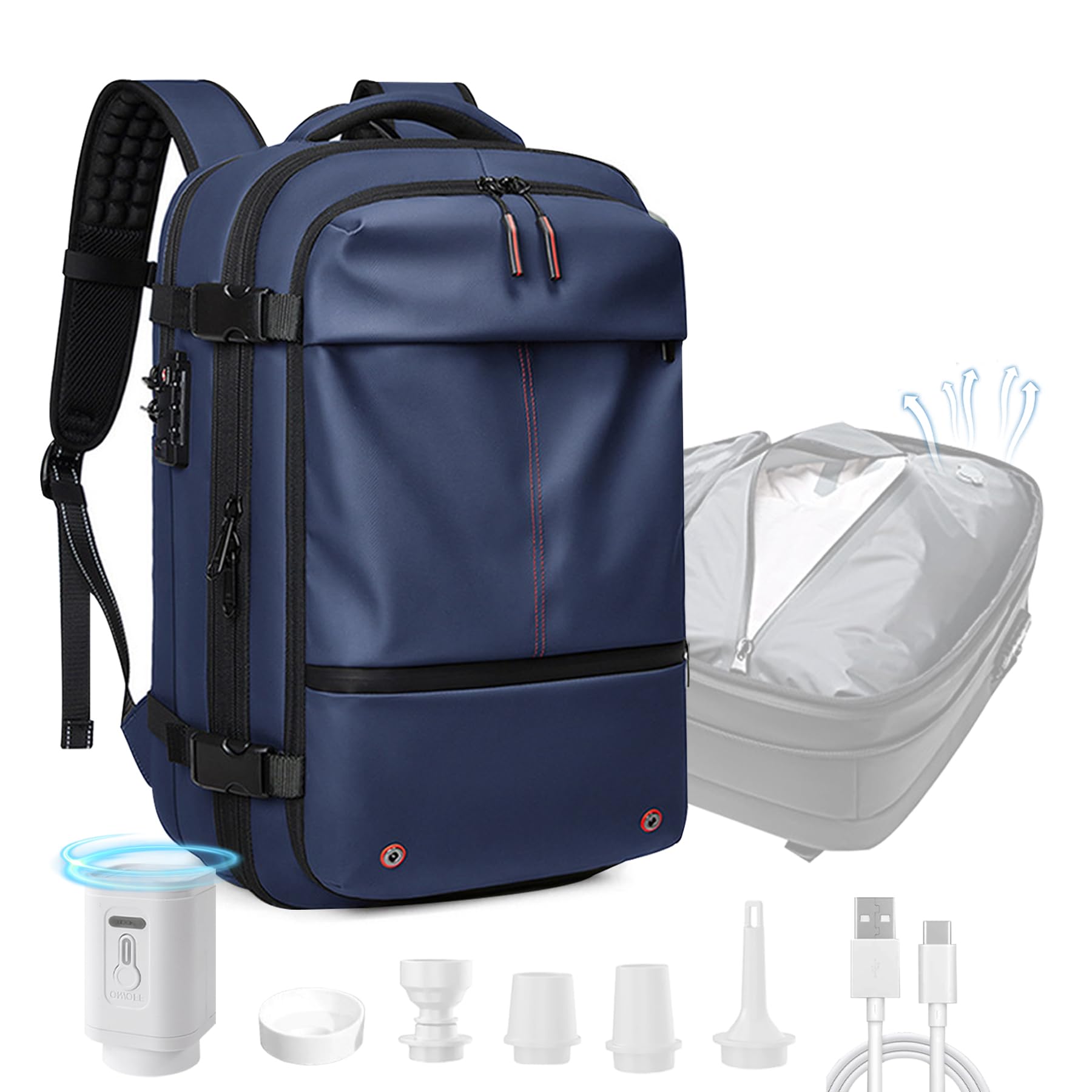 JEUXDOS Vacuum Backpack for Travel, 25 Inch Expandable Vacuum Compression Bag with Electric Vacuum Pump, Space Saver Bags (Blue)