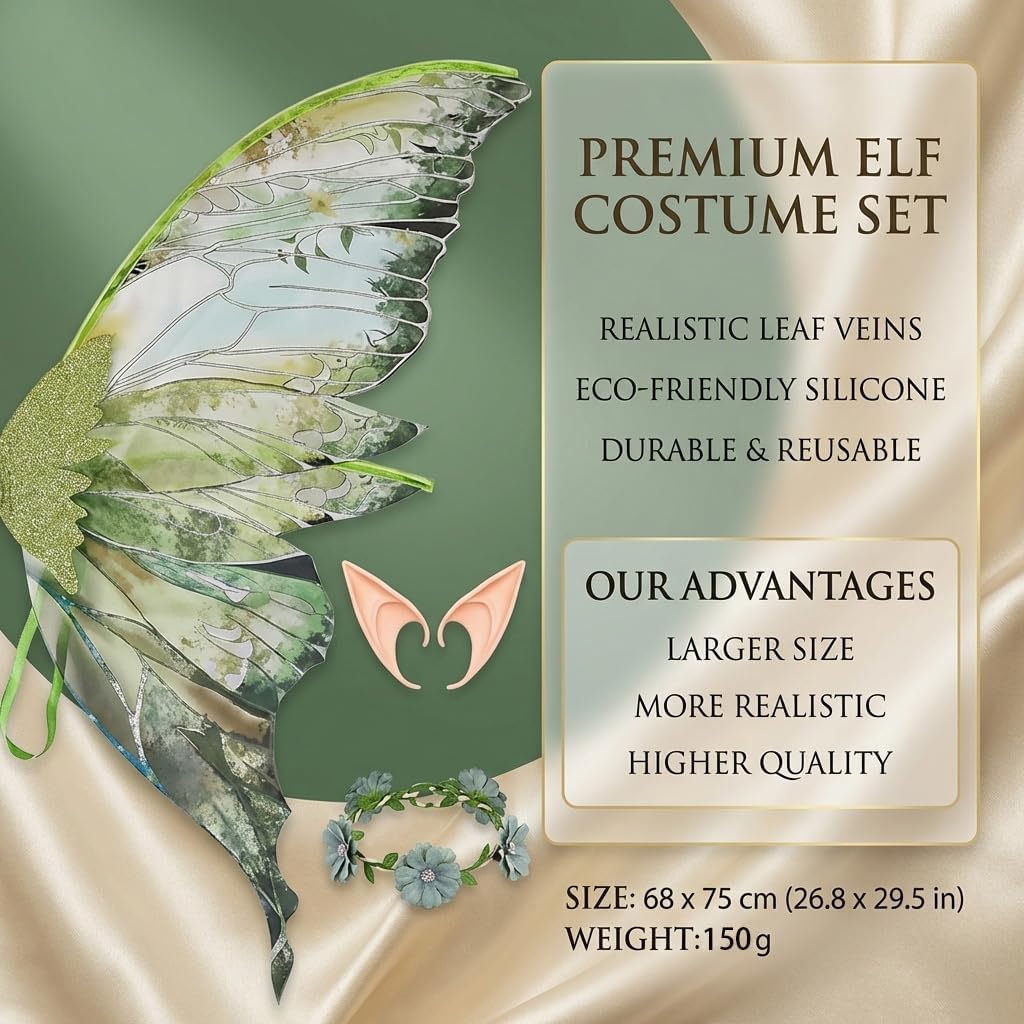 Fairy Wings for Adults, Fairy Costume Set with Elf Ears and Fairy Flower Arm Wrap for Party, Cosplay, 27"x29.5"