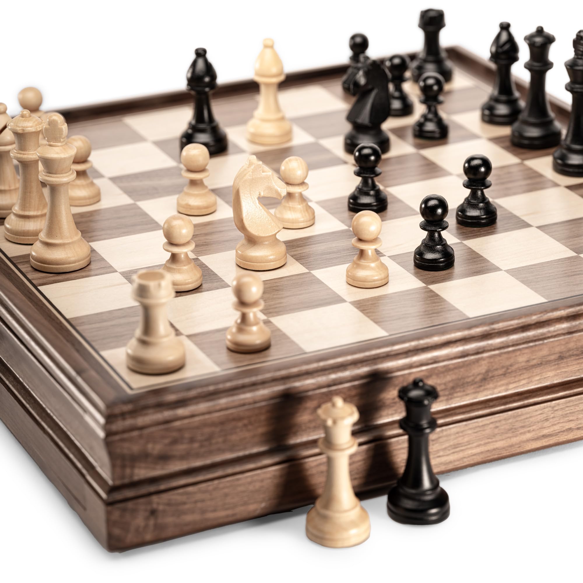 A&A Jeu d'échecs 2 en 1, 38 x 38 cm, en bois de noyer, avec tiroir de rangement, triple poids - Hauteur roi : 7,6 cm - 2 reines supplémentaires, échecs et dames