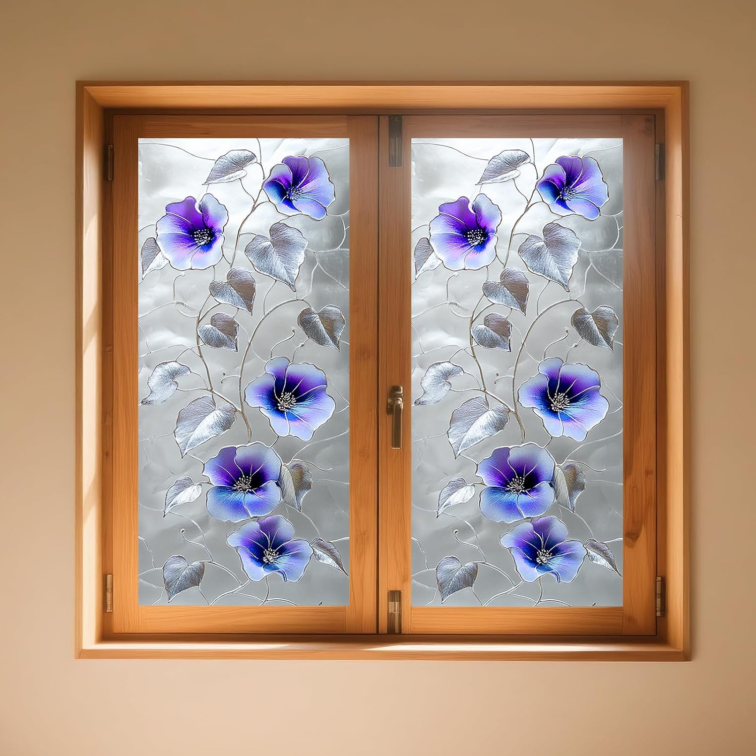 IVN Stained Glass Window Film Privacy Window Film Static Cling Window Film Purple Floral Decorative Window Film Sun Blocking for Bathroom Living Room Glass 17.7 x 39.3 Inch
