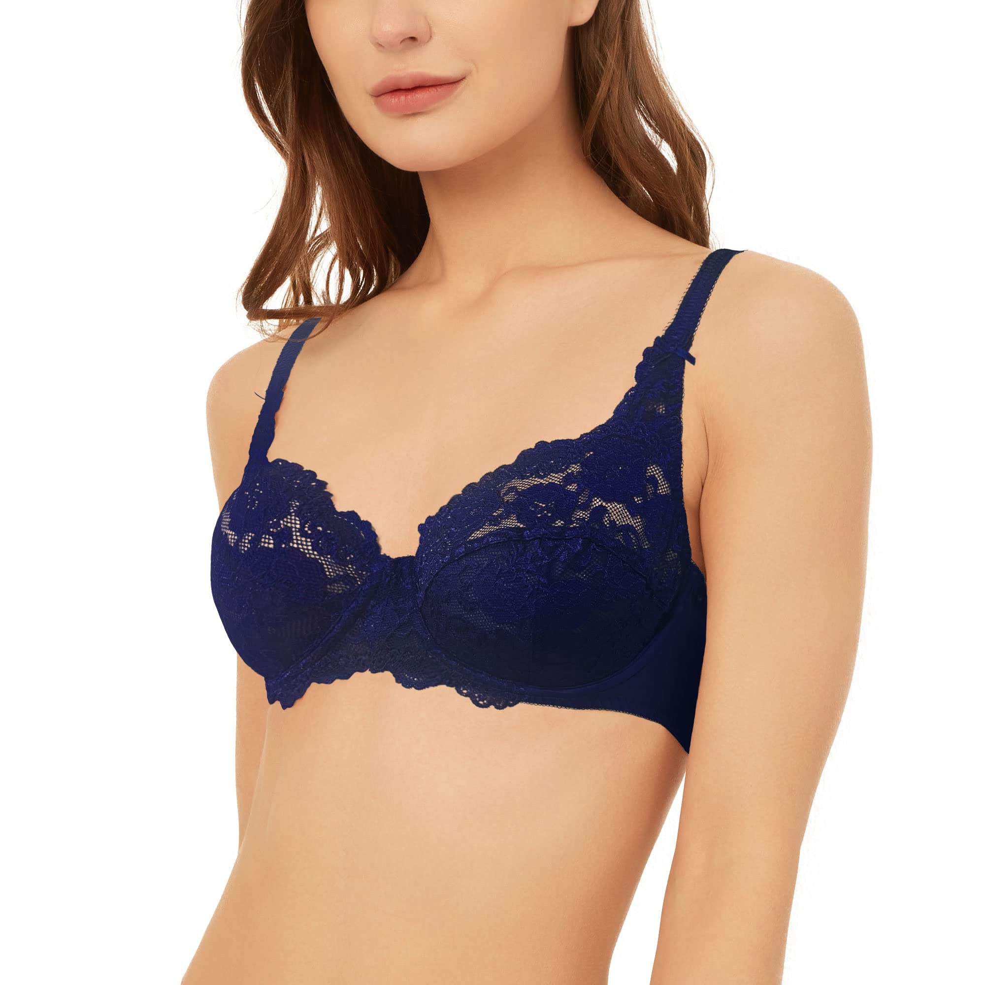 Women’s Lace Bra, Underwire Unlined Full Coverage Bra, Microfiber Navy 36DD