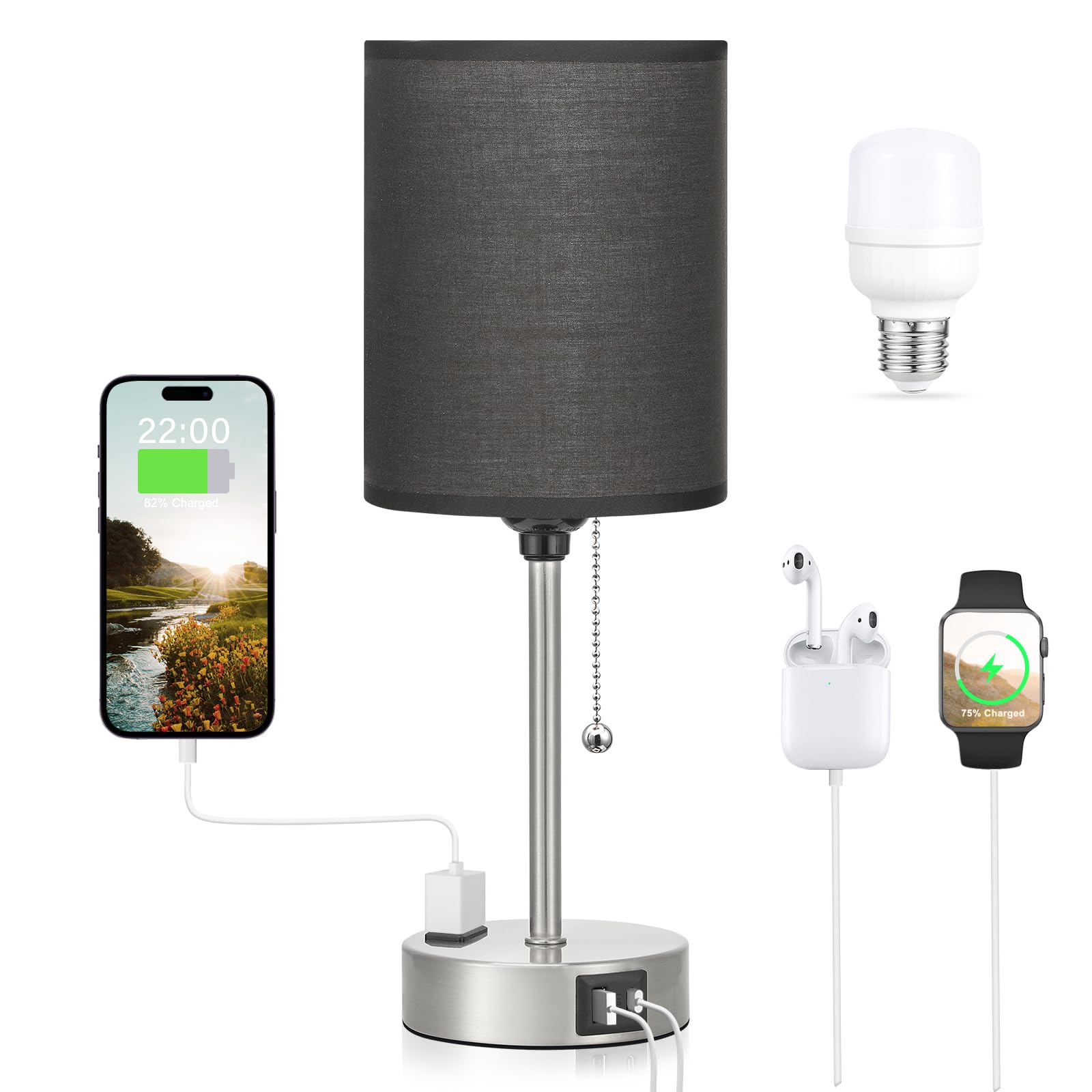 Black Table Lamp for Bedroom - 3 Color Temperature Bedside Lamp with USB C and A Ports, Pull Chain Lamp for Bedroom with AC Outlet, Nightstand Lamp with Silver Metal Base for Kids Boys/Dorm Room
