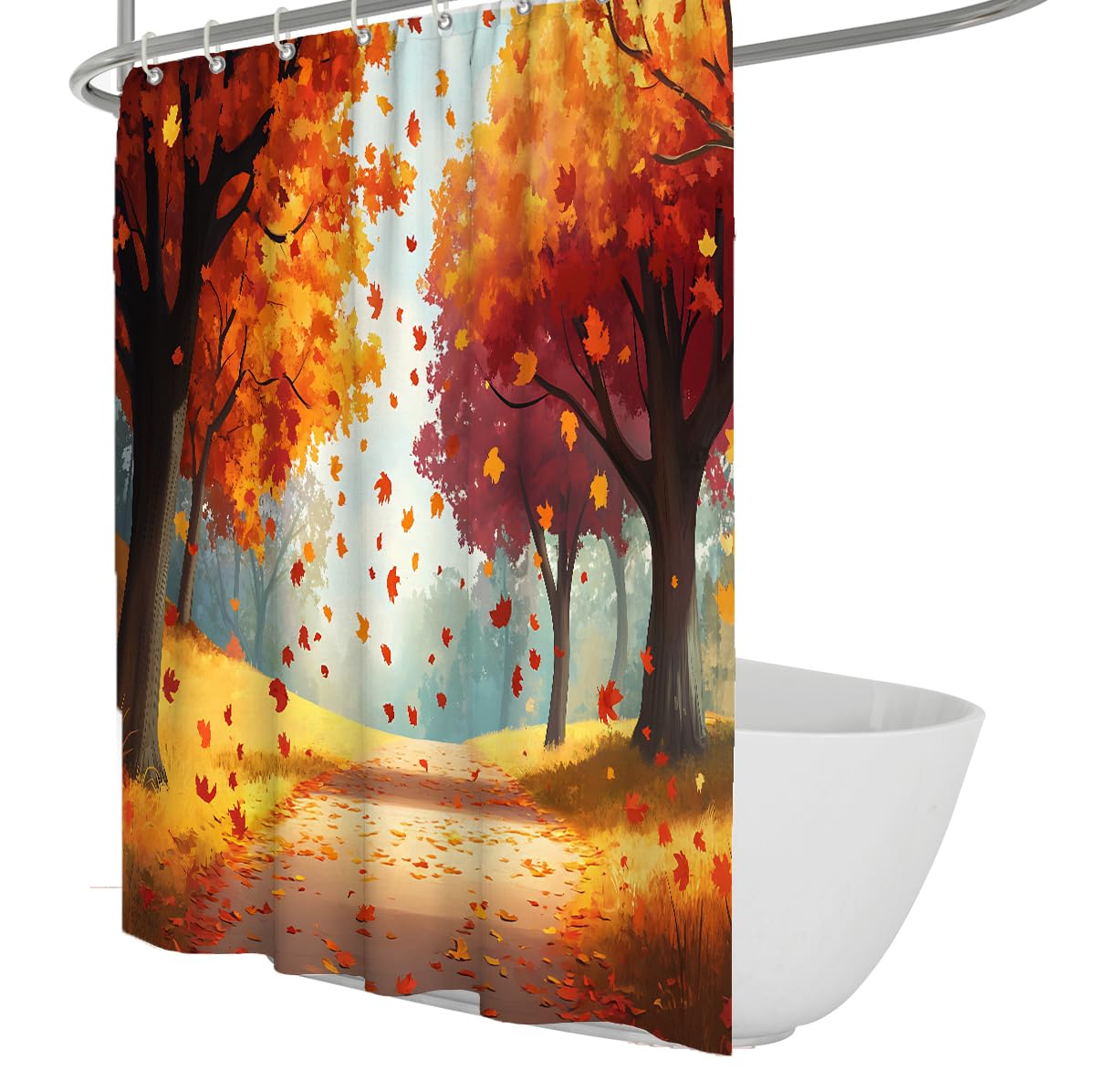 UERWOWELL Contemporary Autumn Forest Shower Curtain for Bathroom Falling Maple Leaves on Woodland Path Bath Curtain Waterproof Polyester Fabric W100xL180 cm
