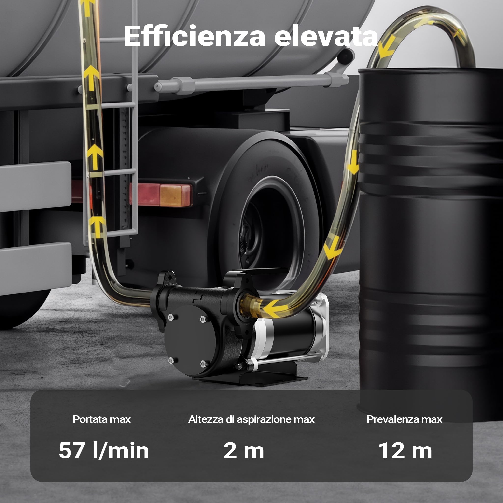 Wiltec Pompa travaso carburante 12 V 180 W, Pompa travaso gasolio/benzina, 57 l/min, 3200 giri/min