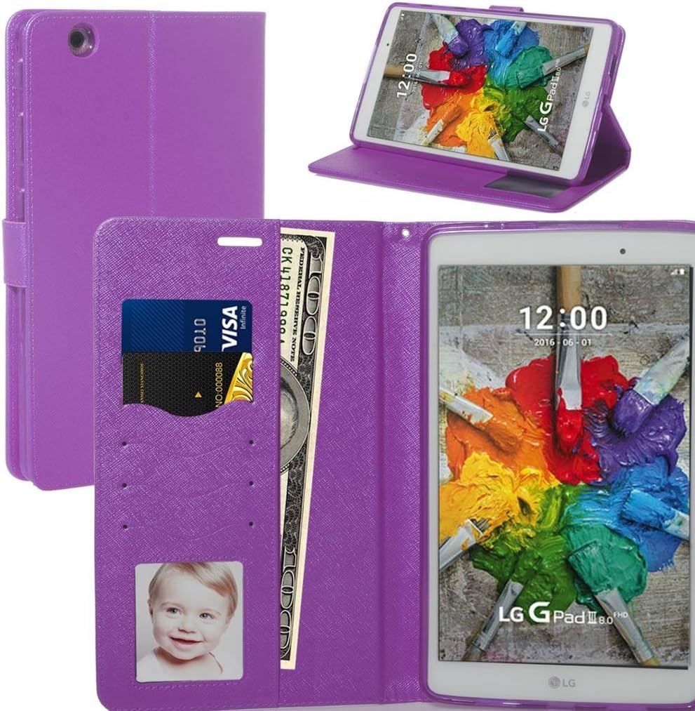 LG G Pad X 8.0 V521 Case, NFW} Leather Wallet Case with Stand Flip Hand Band Credit Card Slots Protective Case Cover for LG G Pad X 8.0 V521/G Pad III 8.0 V525 2016 (T-Mobile) (Wallet Purple)