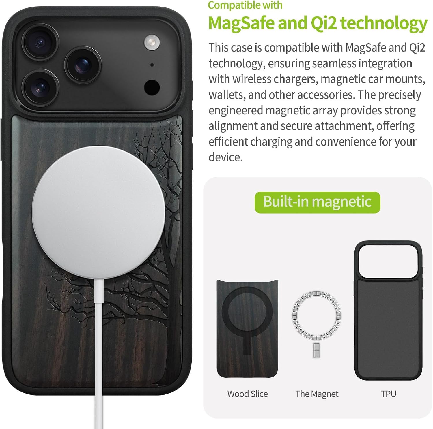 Carveit Magnetic Wooden Case for iPhone 17 Pro Case, Wood Artisan Engraved & Black Soft TPU Shockproof Cover, Compatible with MagSafe Wireless Chargers (The Bare Tree) Blackwood