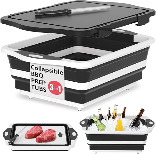 HI NINGER BBQ Prep Tub with Lid, Collapsible Camping Sink with Colander, Cutting Board & Knife Set for Grilling, Smoking & Outdoor Cooking, Collapsible Wash Basin for RV Camping Essentials