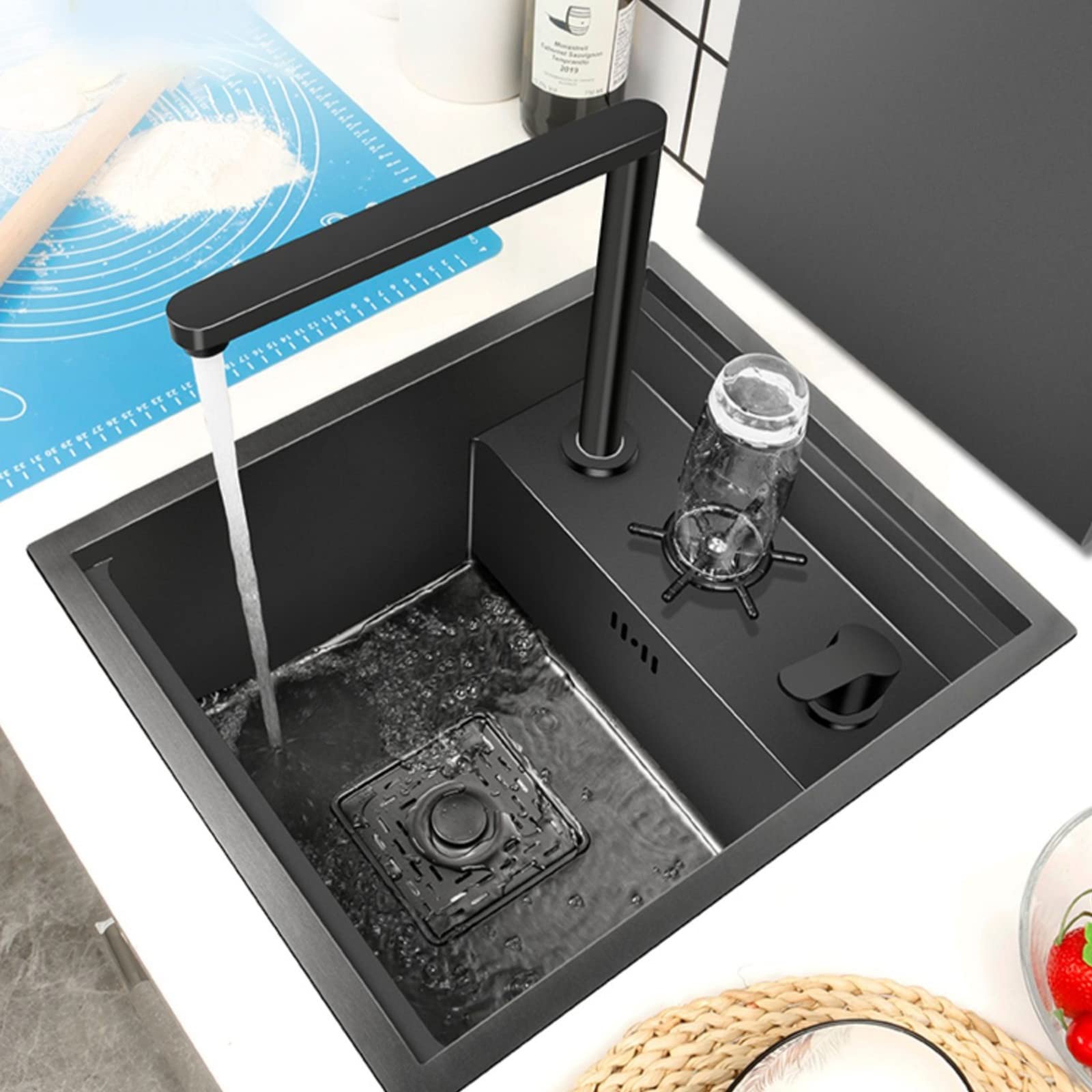Fregadero De Cocina De Acero Inoxidable Negro Con Grifo Elevable Y Lavavasos Fregadero Oculto De Una Cubeta Para Casa Apartamento Bar Caravana Con Kit De Instalación Completo(45x38x22cm(A))