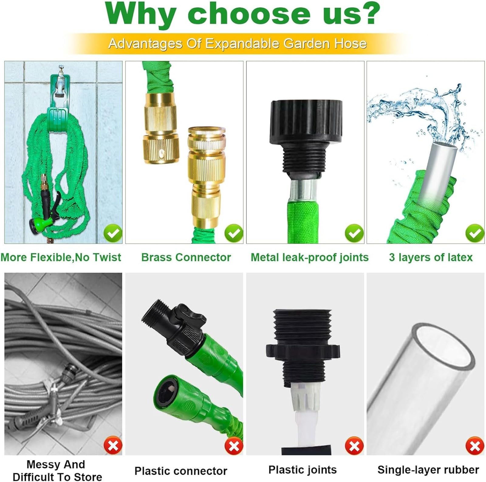 Tubo Acqua Giardino 60 Metri Tubo Estensibile da Giardino, Canna Acqua Giardino con 8 Funzioni Pistola, Tubo Irrigazione con Raccordi in Ottone da 1/2" e 3/4" Attacco (60M,Verde)