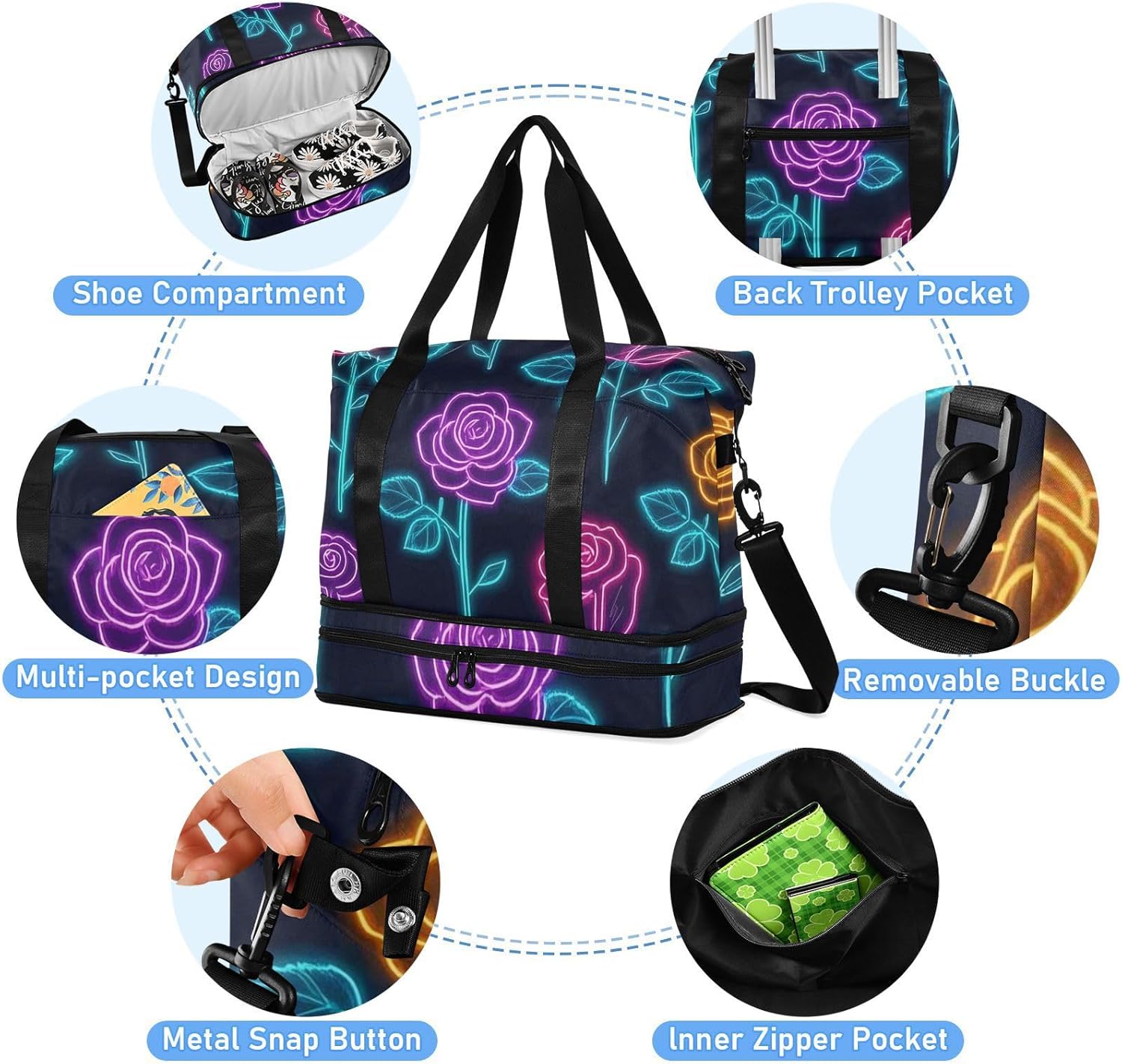 Colorful Neon Fluorescent Roses Sports Gym Bag Carry On Tote Bag with Adjustable Strap for Travel Foldable
