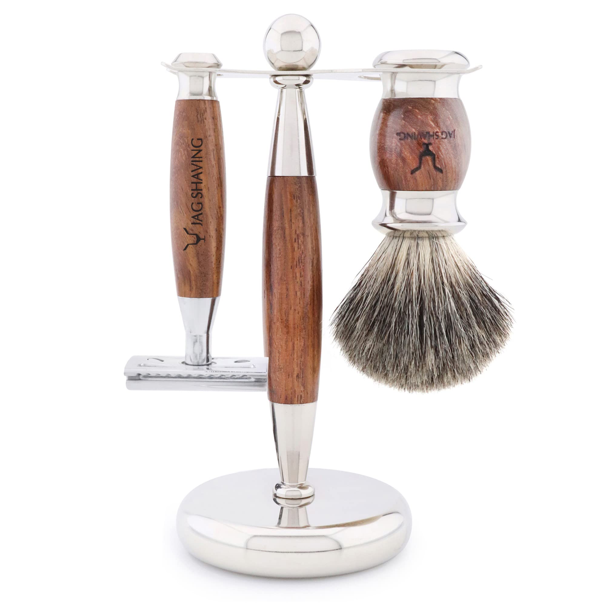 Jag Shaving Germany LEE Range 5-teiliges Rasierset - Super Dachshaar Rasierpinsel - doppelkante Rasierhobel - Rasierständer - Ledertasche für Rasierhobel - Rasierschale - Holz Rasierset