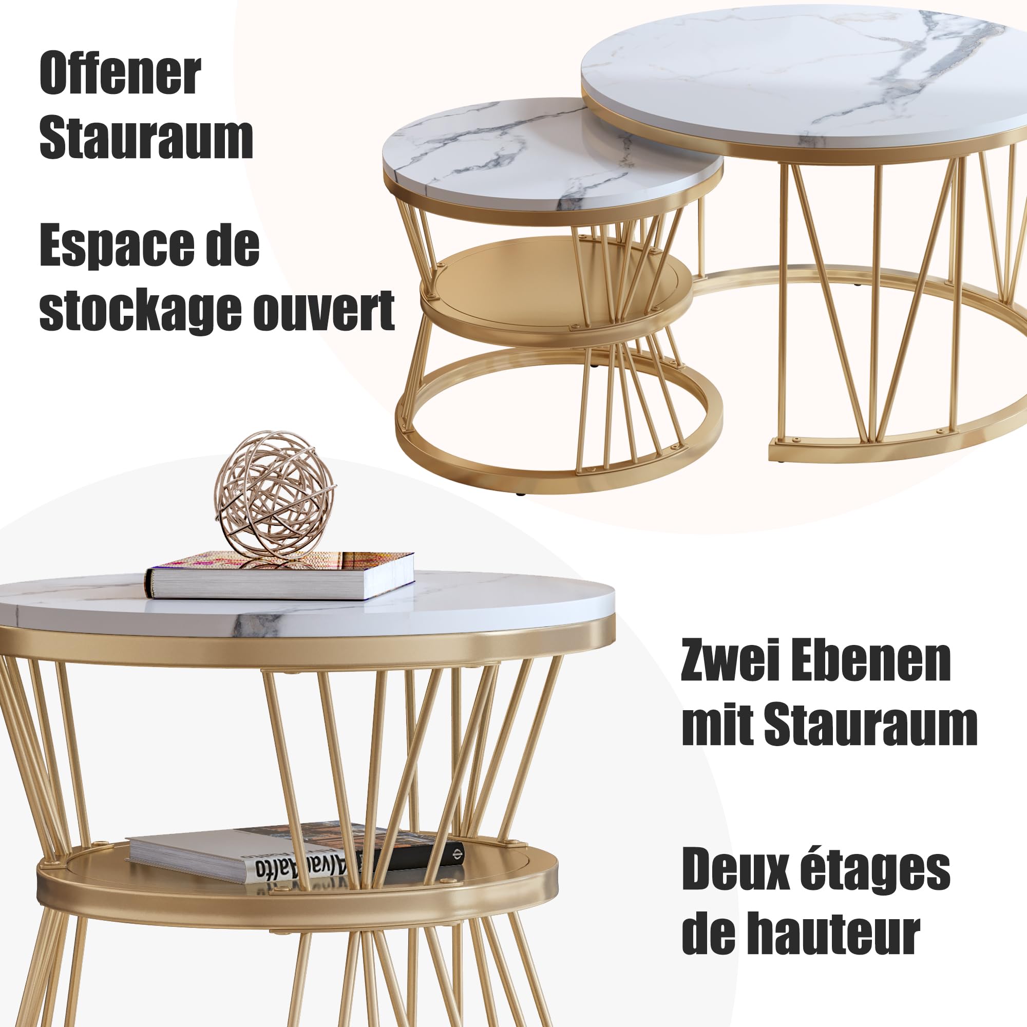 Couchtisch Rund 2er Set, Marmoriert Couchtisch, Sofa Tisch,Beistelltisch mit Metallrahmen,Moderne Kaffeetische Satztische für Wohnzimmer Schlafzimmer (Golden-021)