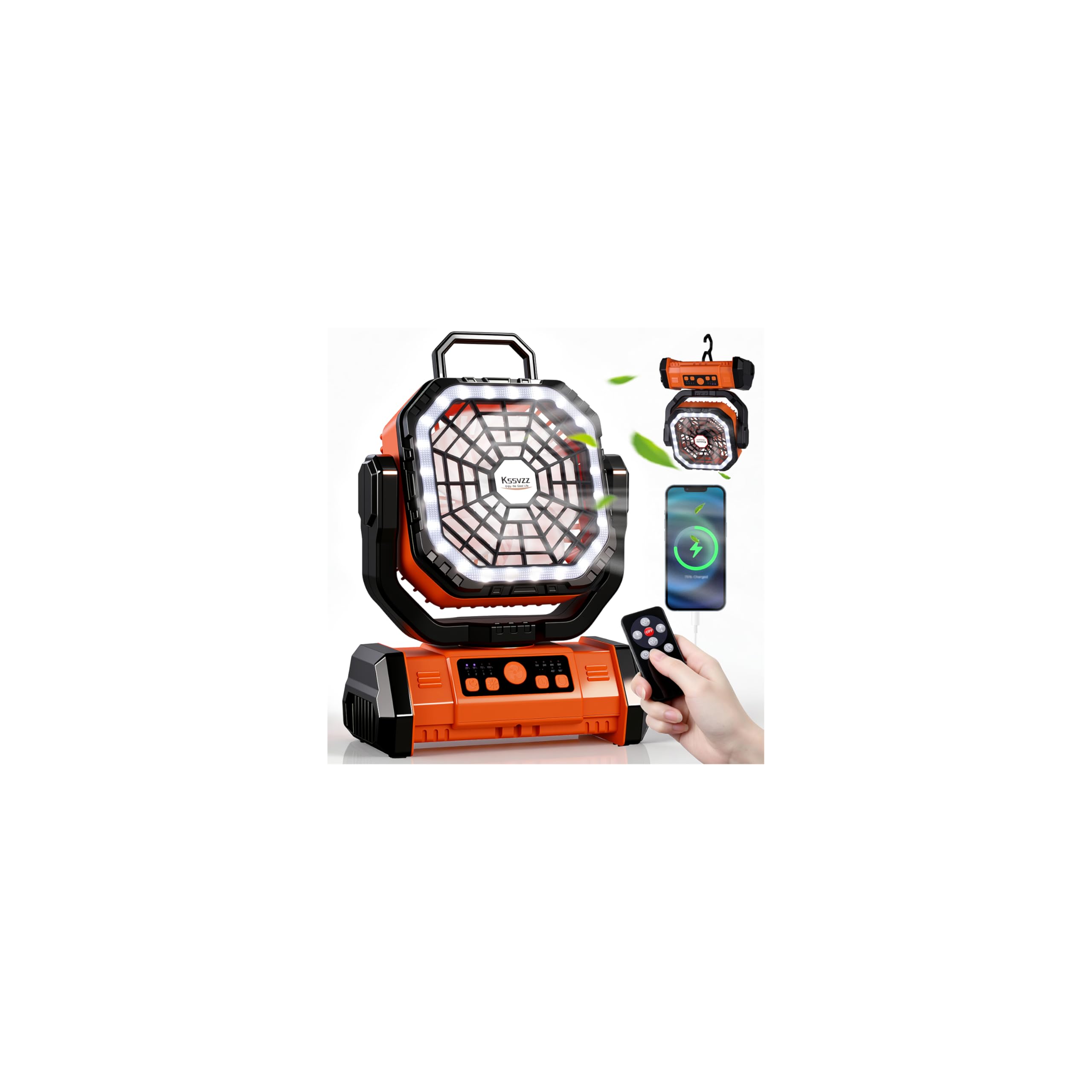 Camping Ventilator mit Akku 10000mAh, Tragbarer Ventilator Leise mit LED-Licht, 270° Rotieren Tischventilator mit Haken/USB-Aufladung, Zeltventilator für Outdoor Camping, Stromausfall, Angeln, Büro