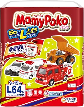 Pants L Size Mummy Poco Pants, Diapers 19.4 - 33.1 lbs 9 - 15 kg, 64 Pieces, Tomica Plarail Design Project, Large Capacity Pack