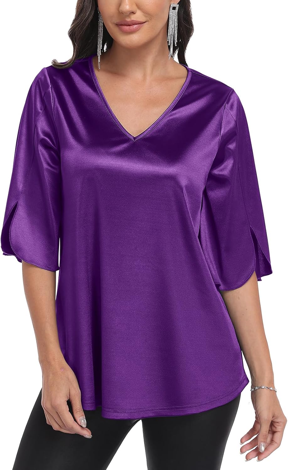 Women’s Stretch Satin Blouse Elegant V Neck 3/4 Sleeve Dressy Tops Flowy A-Line Silky Shirt for Wedding Guest Work - Image 3