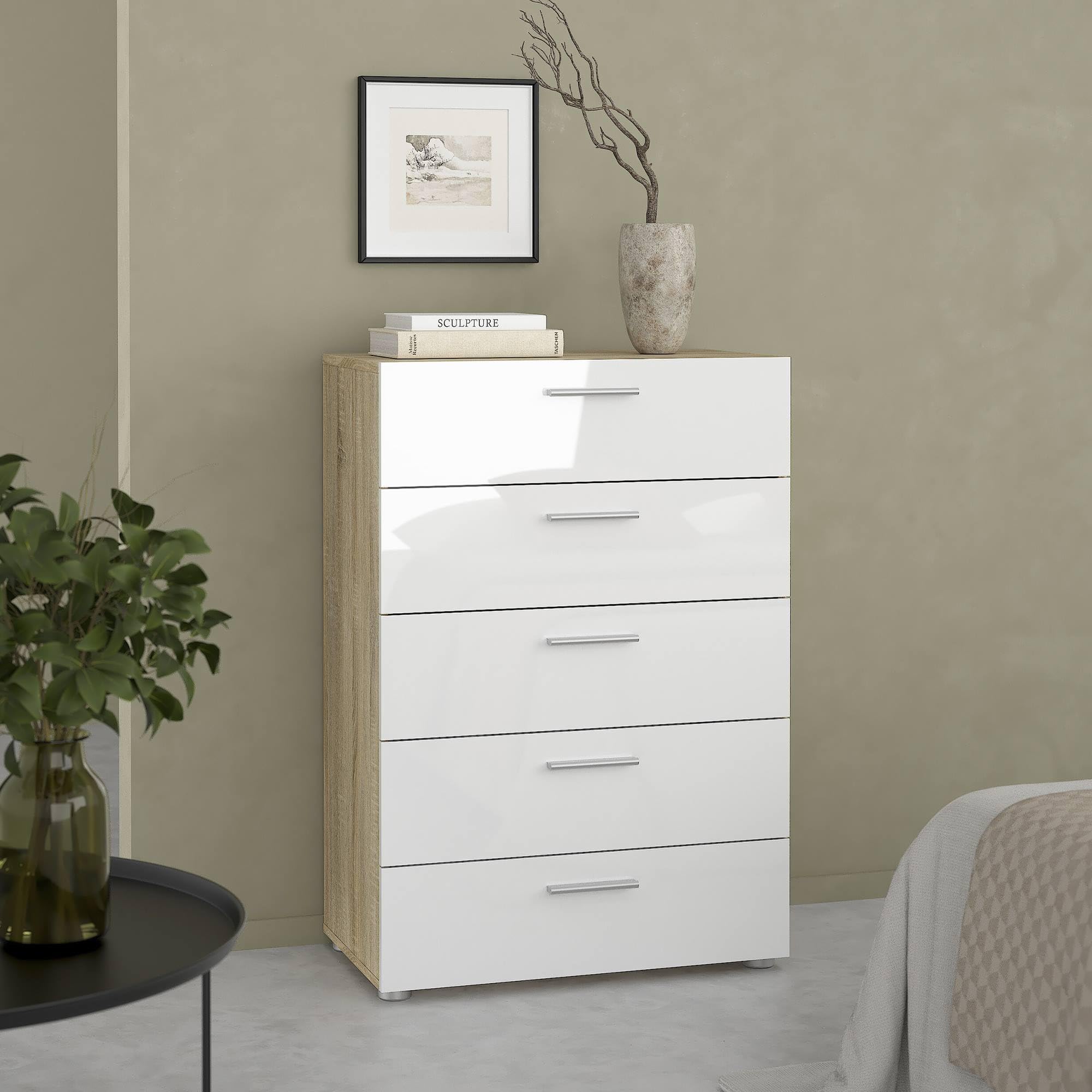 Cajonera dormitorio moderna Segre de 5 cajones con acabados roble y blanco brillo