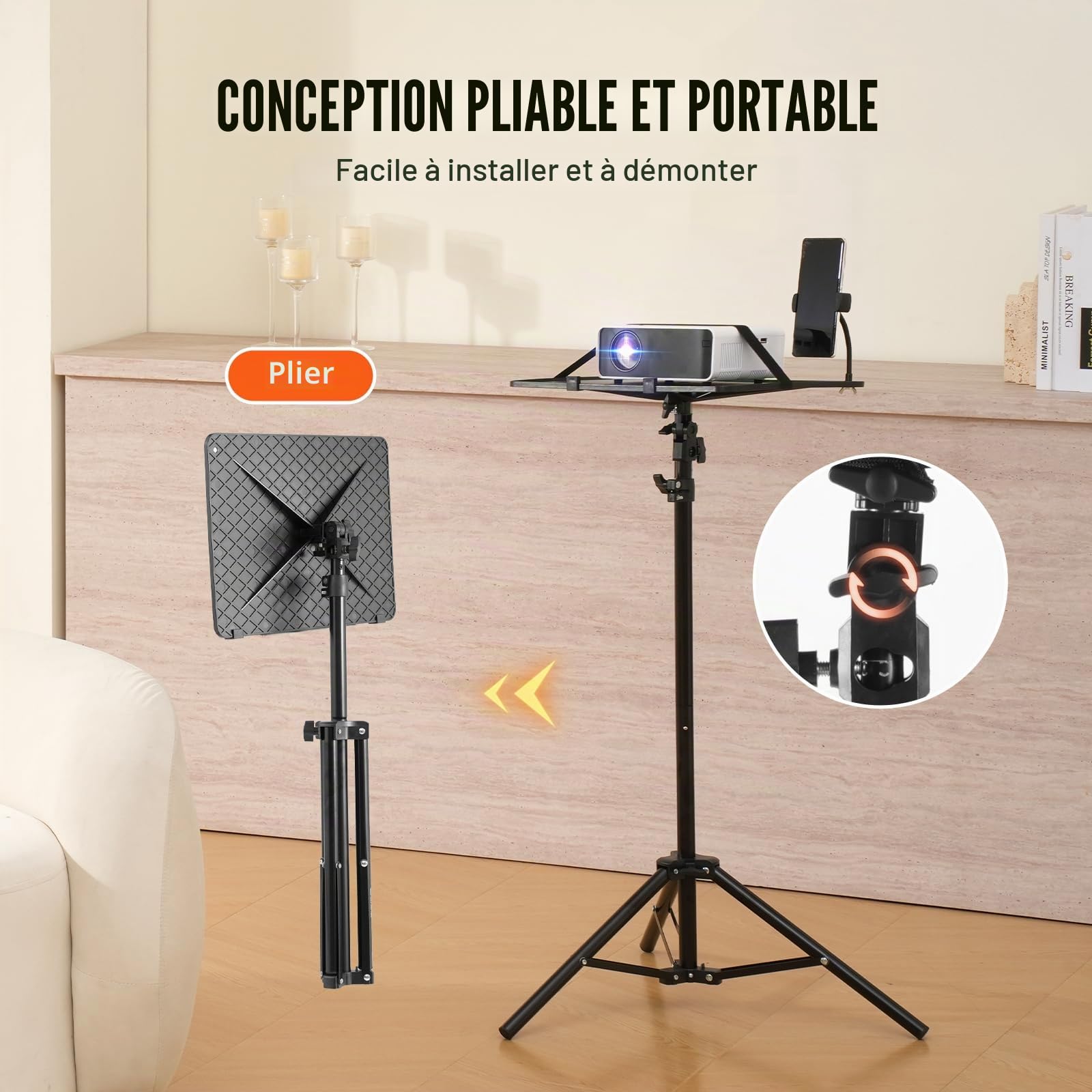 VEVOR Support Trépied Vidéoprojecteur Hauteur Réglable 68,5-160 cm avec Plateau et Support Téléphone
