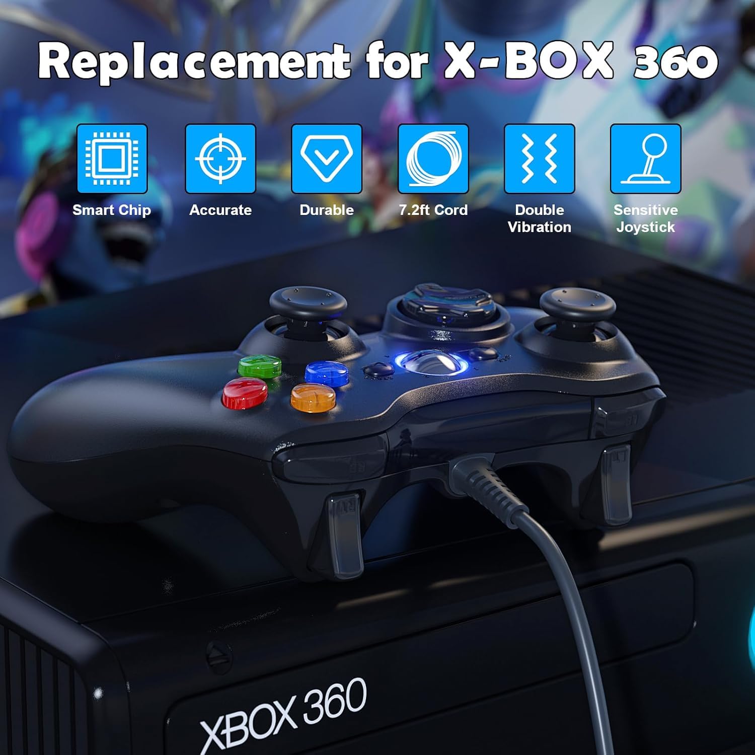 Dinosoo 3 m di ricambio per controller Xbox 360 cablato, controller PC con joystick aggiornato, doppio shock, jack audio da 2,5 mm, confezione da 2
