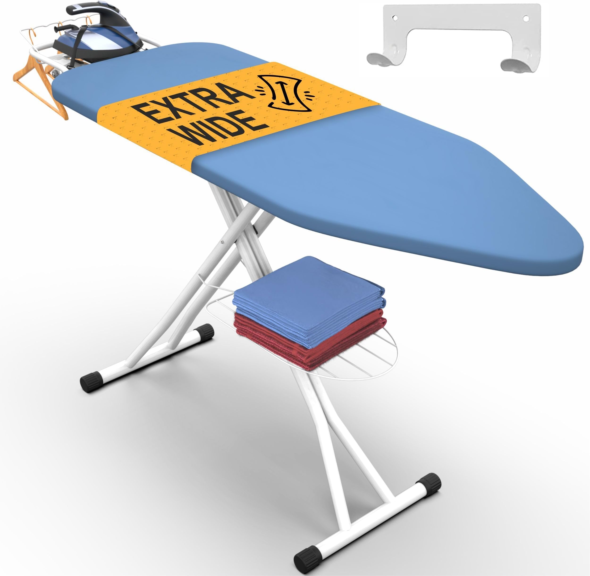 Full Size Ironing Board, 57"x18" Wide Heavy Duty Iron Board with Wall Mount Hanger – Foldable, Height Adjustable 30-36", Full Metal Frame, Heat & Scorch Resistant 3-Layer Cover, Cord Holder
