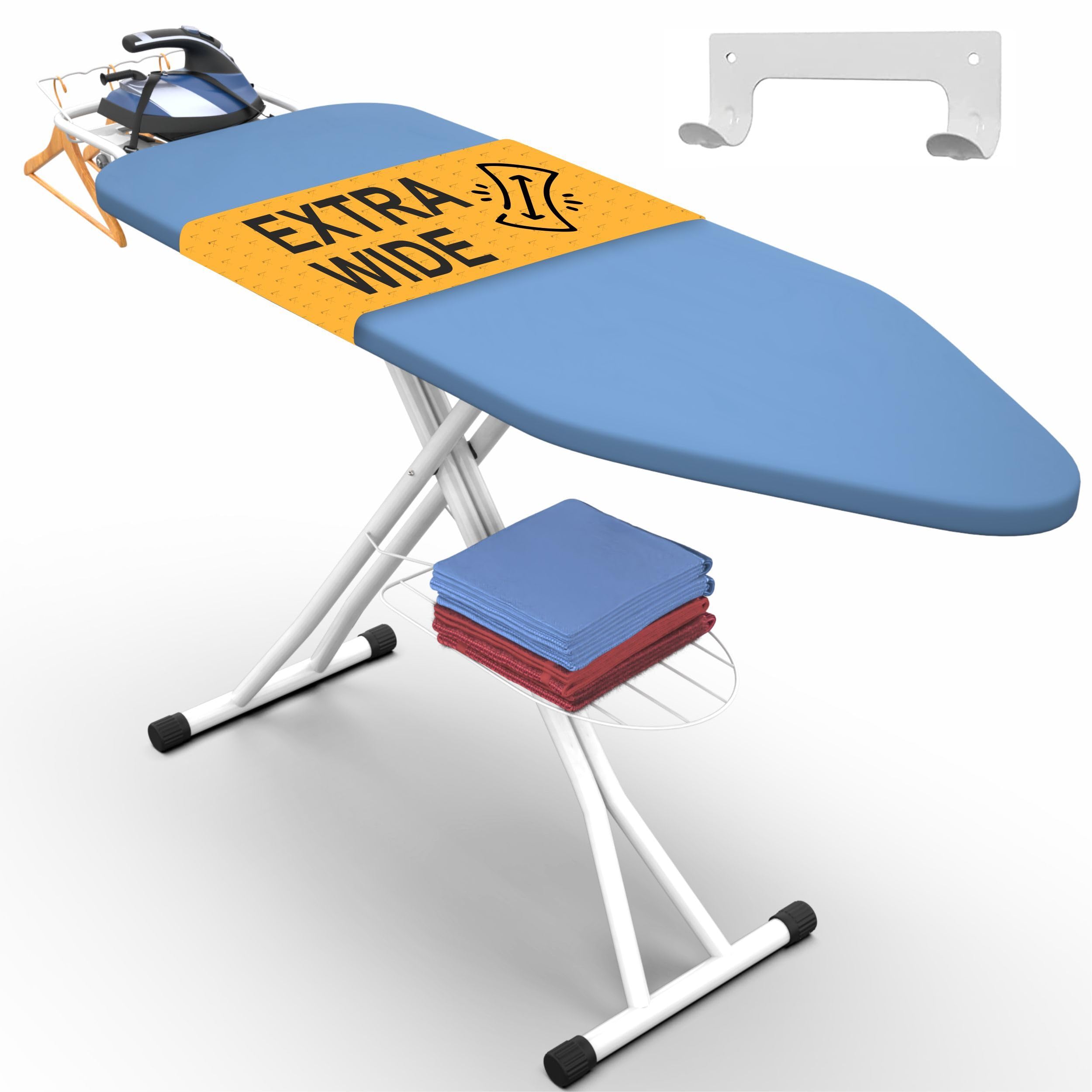 Xabitat Full Size Ironing Board 57" X 18" with Wall Mount Hanger, Full Metal Construction Iron Board, Built in Iron Caddy, Heat & Scorch Resistant Fabric, Cord Holder, Anti-Skid Feet, Heavy Duty