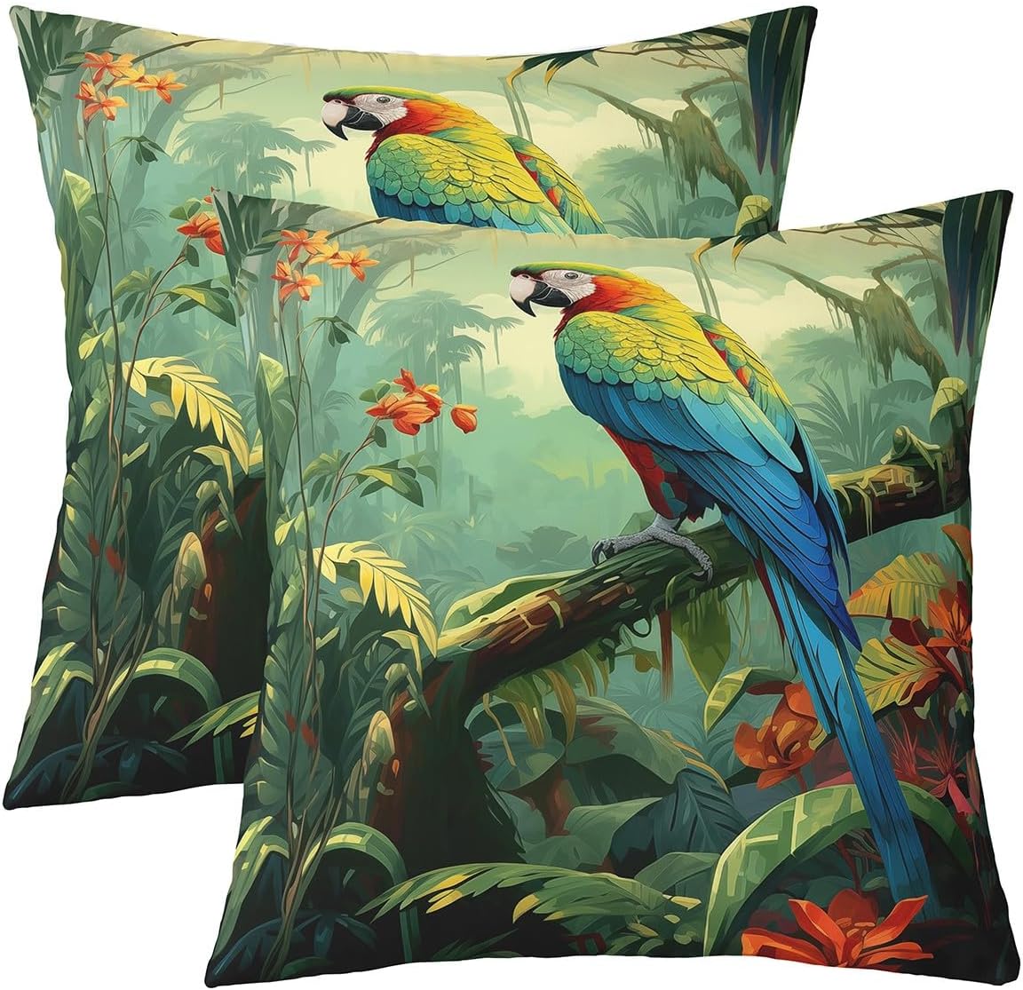 Erosebridal Kids 3D Parrot Cushion Covers 24x24 Inch,Rainbow Bird Throw Pillow Covers,Green Palm Leaf Tree Pillow Covers,Cute Funny Animal Decorative Accent Pillow Cases for Sofa Couch,Bedroom Decor