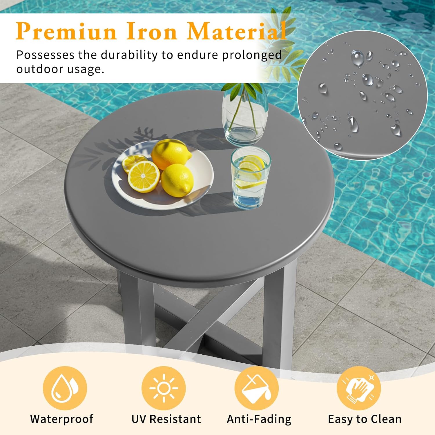 Outvita Outdoor Round Side Table, 18" Weather Resistant Small Metal End Table with X Legs for Patio Balcony Lawn Garden Poolside Living Room