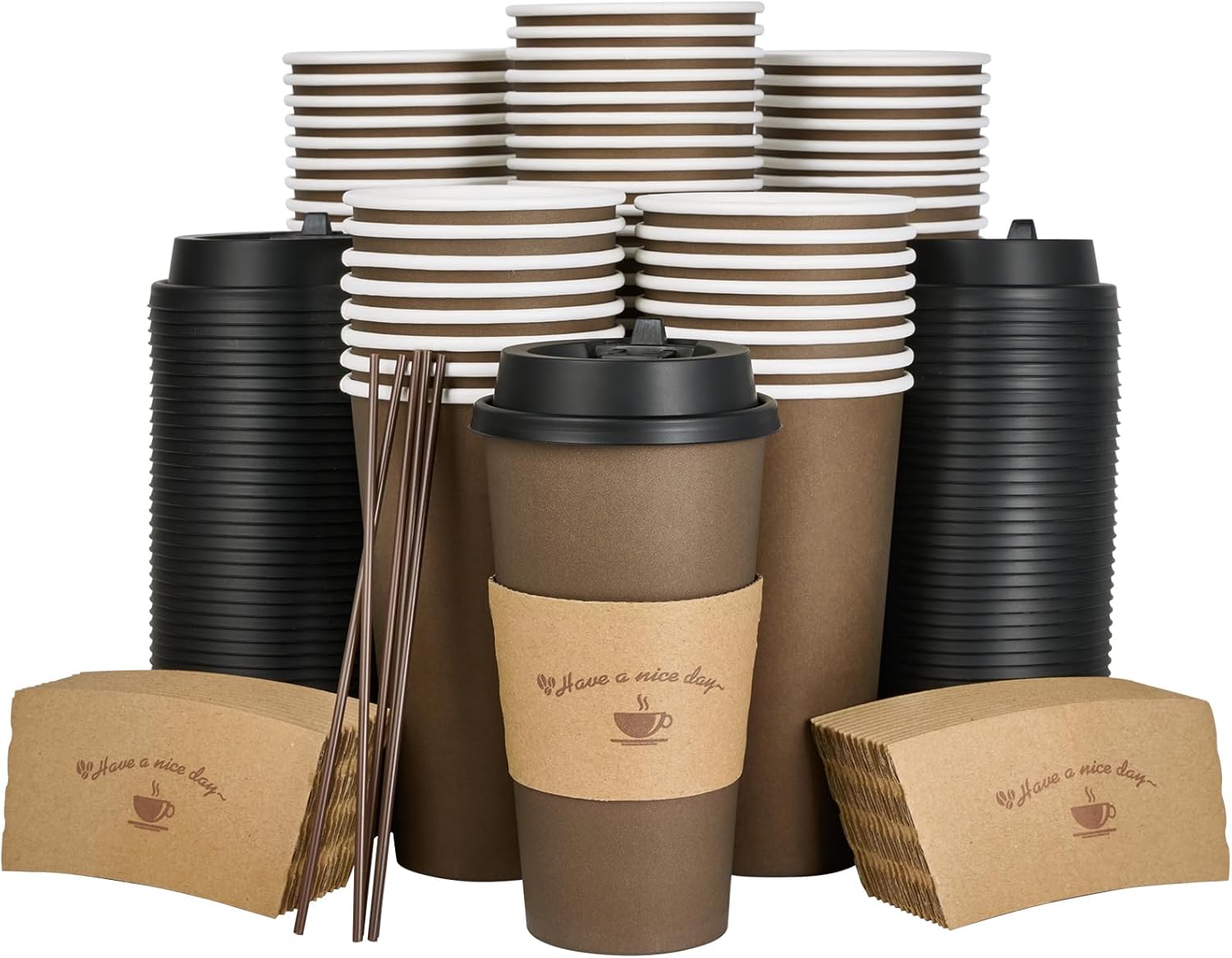 LITOPAK 100 Pack 20 oz Paper Coffee Cups, Brown Disposable Coffee Cups with Lids, Sleeves, Sticks, Drinking Cups for Hot Coffee, Water or Juice, Hot Paper Cups for Home, Restaurant, and Store