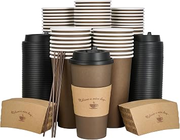 LITOPAK 100 Pack 20 أوقية من أكواب القهوة الورقية ، أكواب القهوة التي يمكن التخلص منها باللون البني مع أغطية ، أكمام ، أعواد ، أكواب شرب للقهوة الساخنة ، الماء أو العصير ، أكواب من الورق الساخن للمنزل ، المطعم, و المتجر
