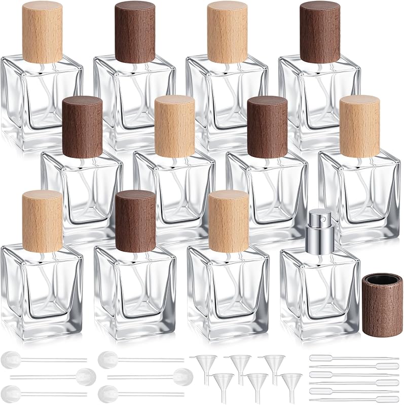 Teenyyou Frascos Quadrados Recarregáveis para Perfume em Vidro com Tampa de Faia, 12 Unidades de 30 mL