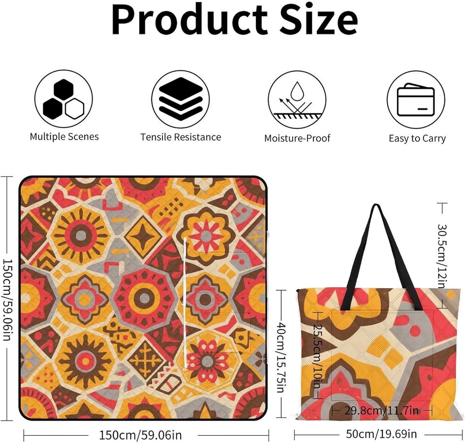 Geometric Pattern Picnic Blanket 150x150cm, Foldable 2-in-1 Picnic Mat and Tote Bag Portable Waterproof Beach Mat Sandproof Outdoor Blanket for Park, Hiking, Beach, Camping, Travel
