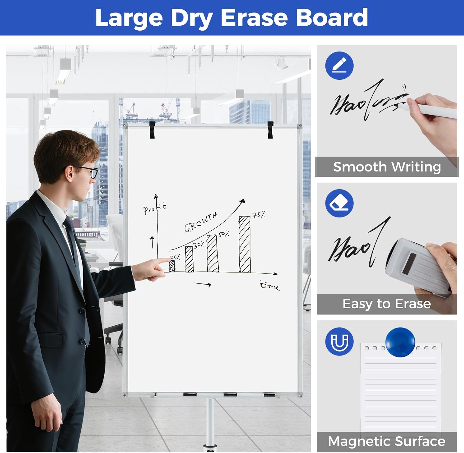 Goplus 40” x 26” Rolling Whiteboard, Height Adjustable Magnetic Dry Erase Board on Wheels with Round Stand, Paper Clips, Storage Tray, Paper Pad, Magnets, Markers, Mobile White Board for Office School