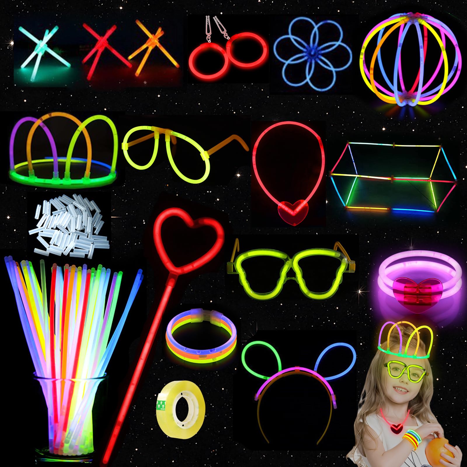 317 PCS Glowsticks Party Pack for Children Adults, Glow Sticks with Connectors, Glow Party Accessories to Make Ultra Bright Necklace, Bracelet, Glasses & Extras, for Halloween Christmas Birthdays